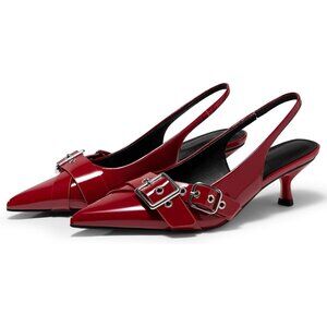 Coutgo Women's Red Slingback Closed Pointed Toe Studded Buckle Strap High Heel